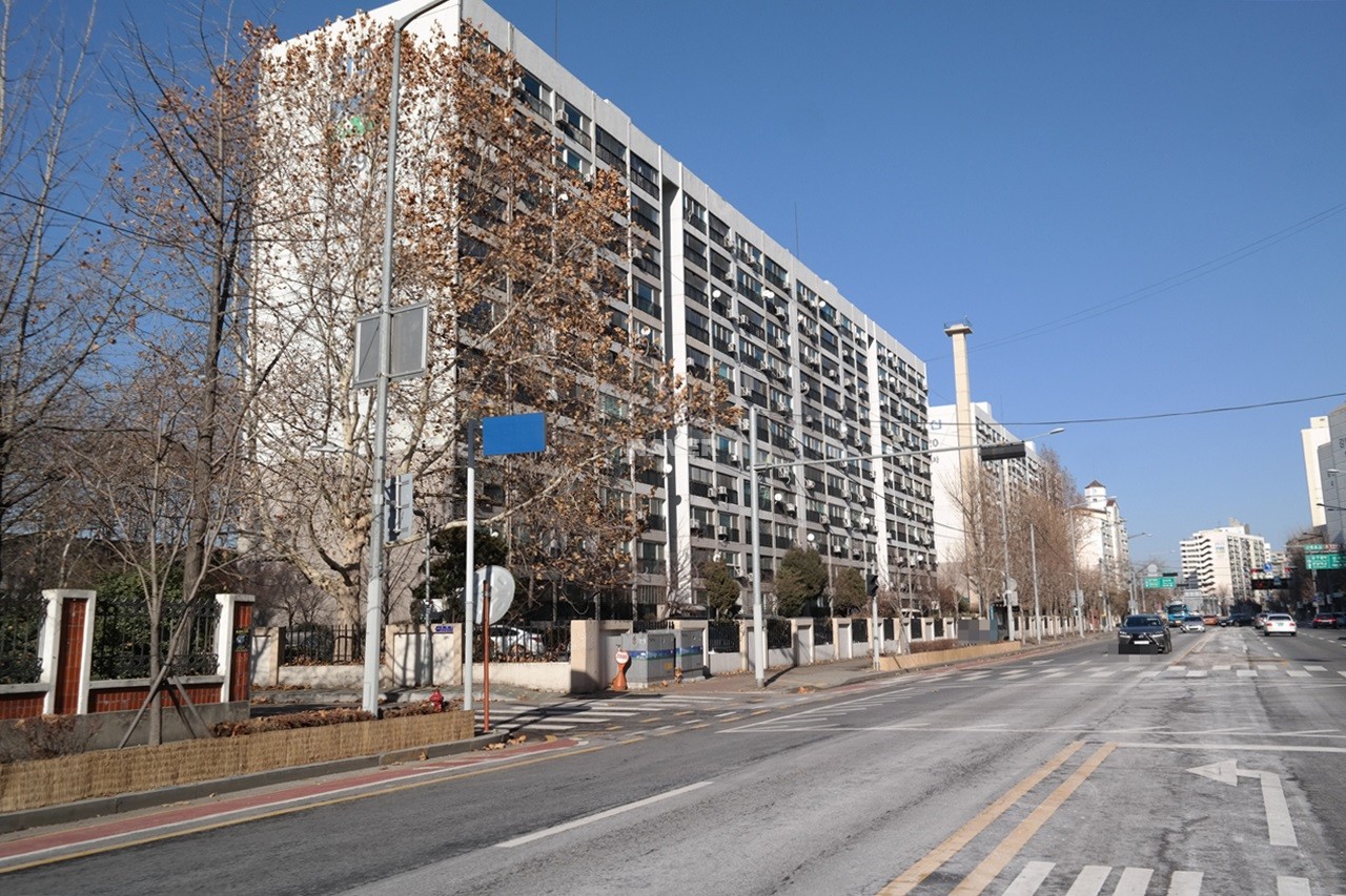 Building entrance with signage