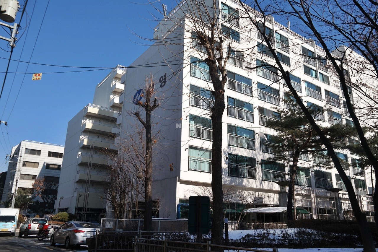 Building entrance with signage