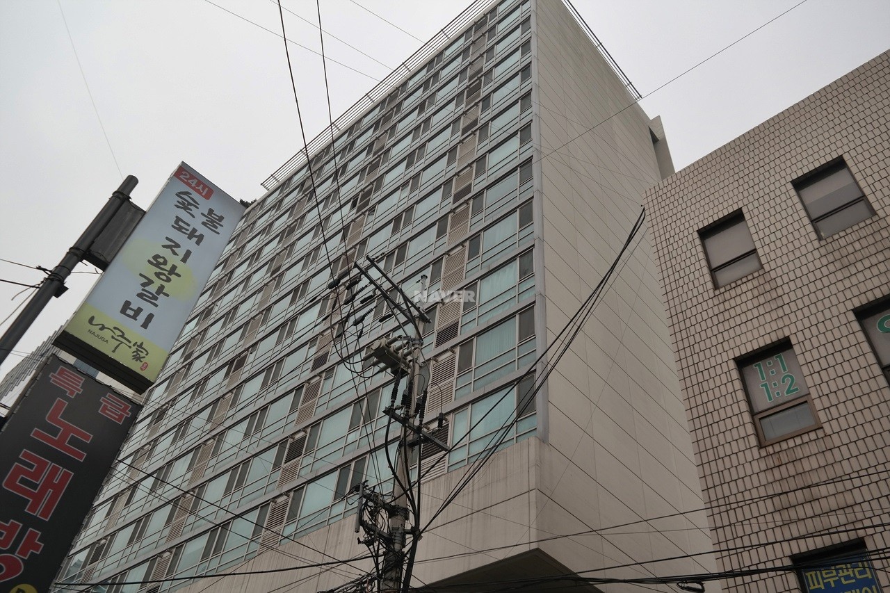 Building entrance with signage