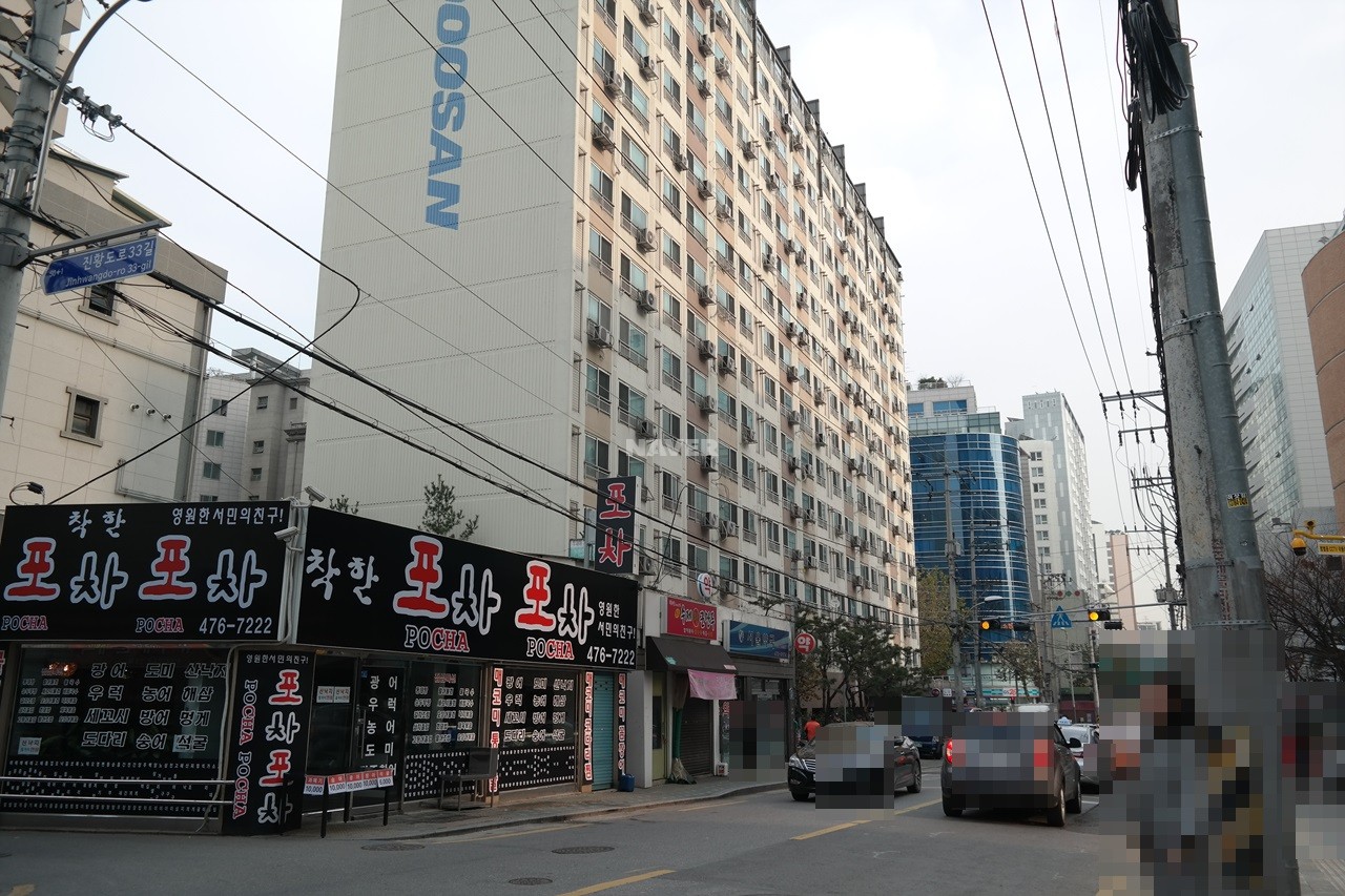 Building entrance with signage