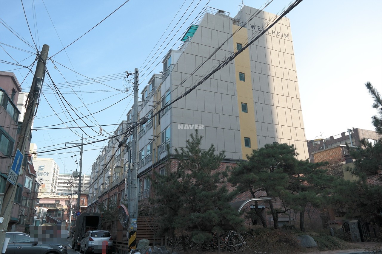 Building entrance with signage