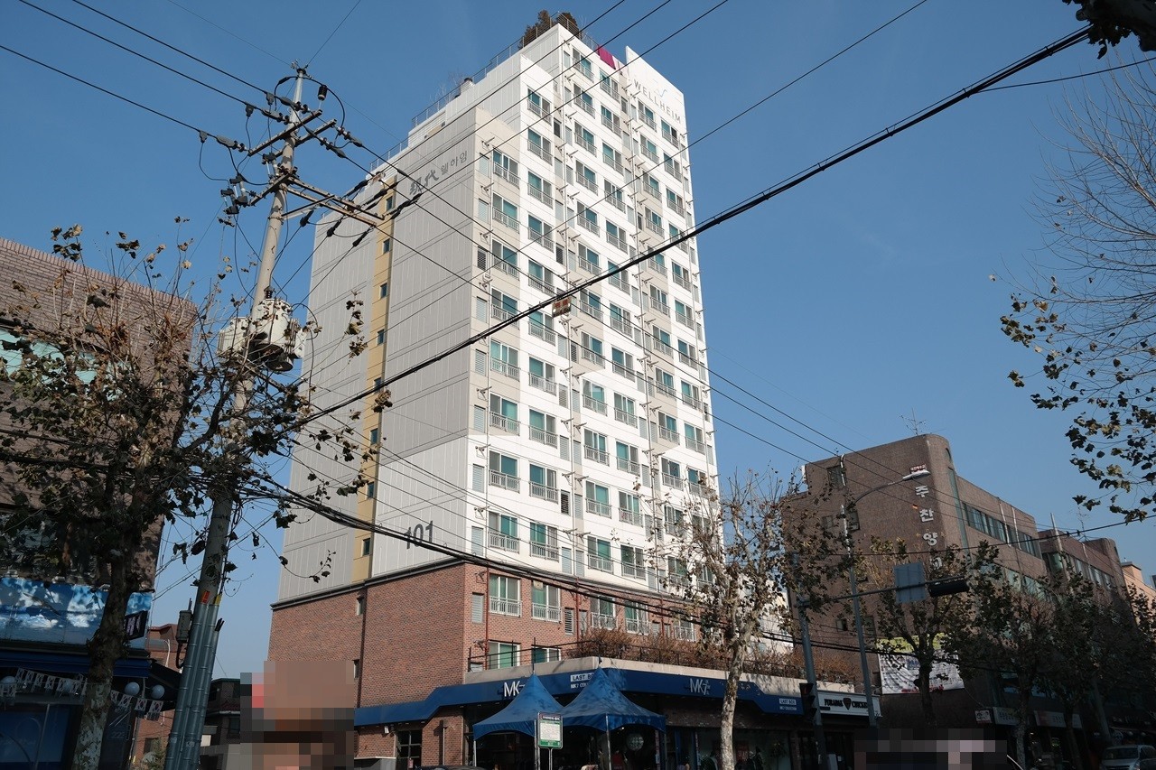 Building entrance with signage
