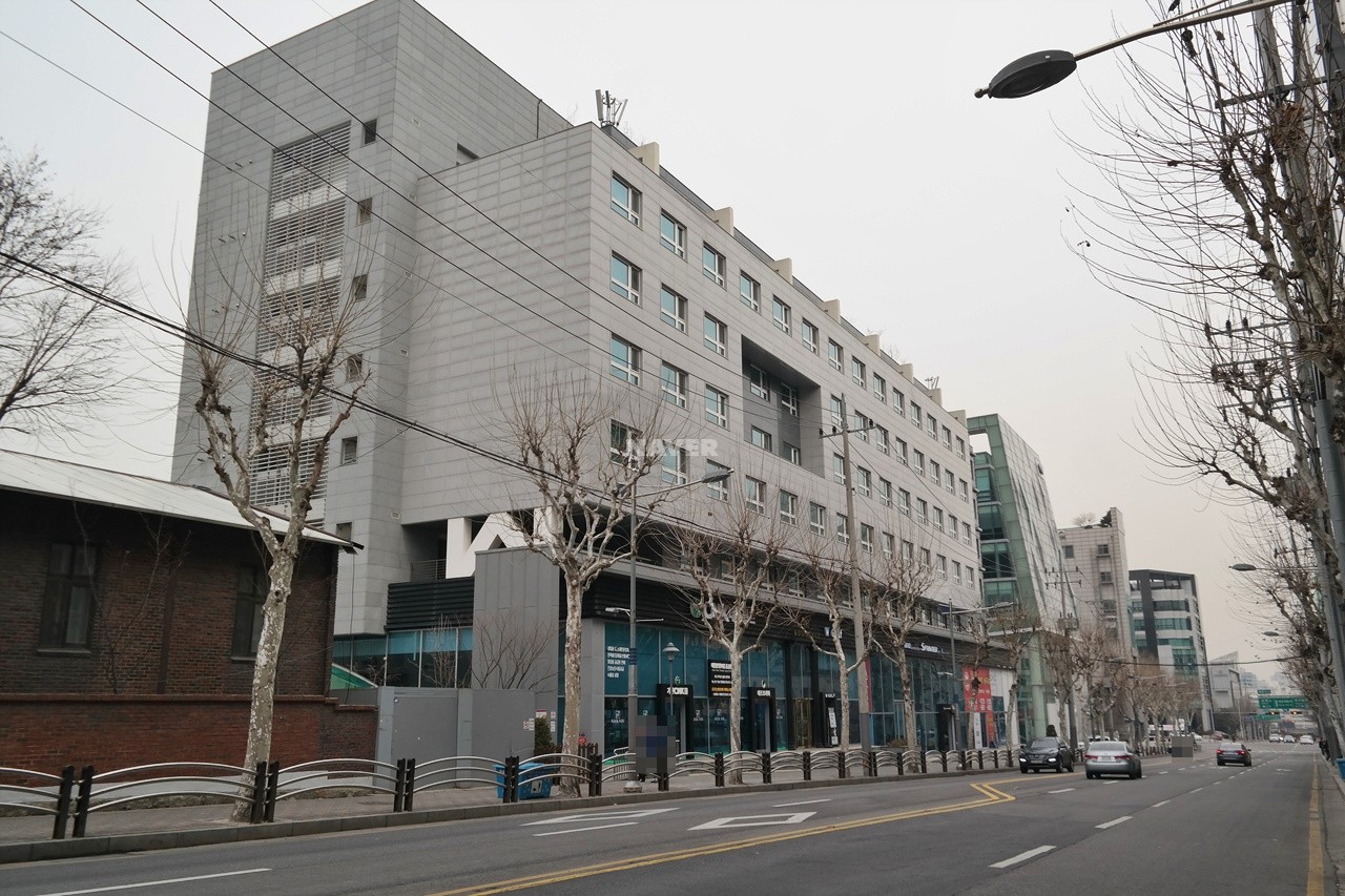 Building entrance with signage