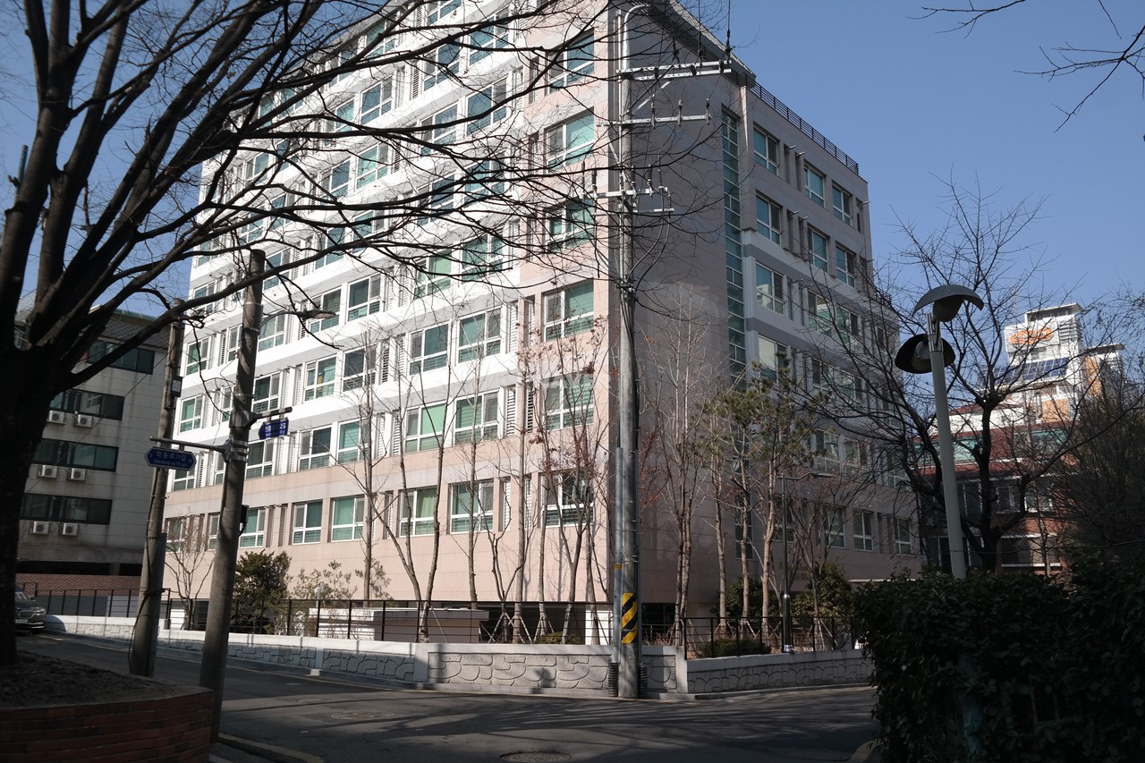 Building entrance with signage