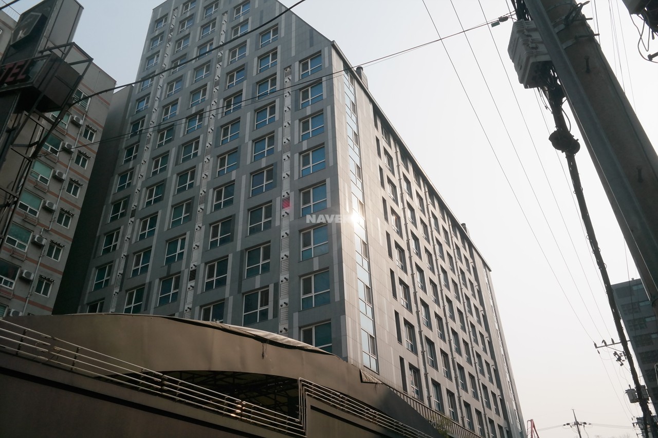 Building entrance with signage