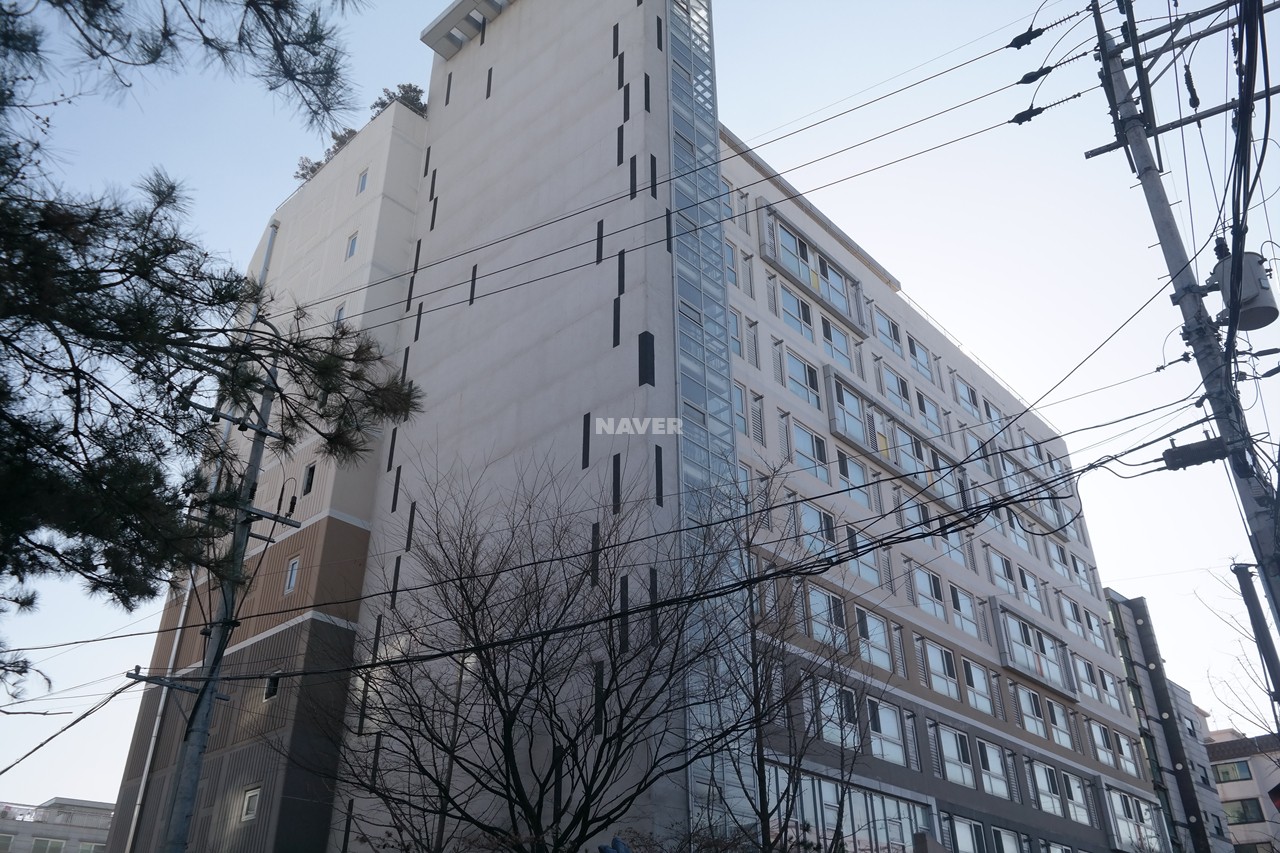 Building entrance with signage