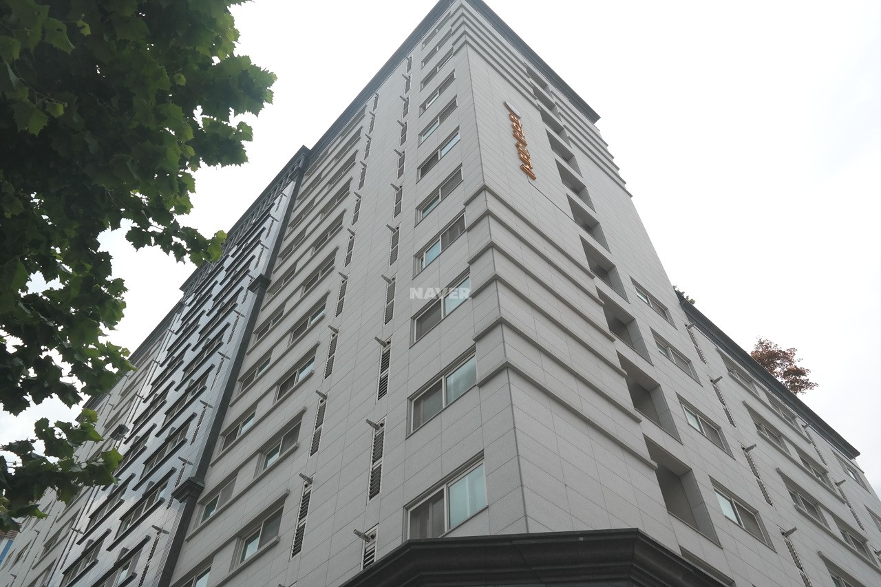Building entrance with signage