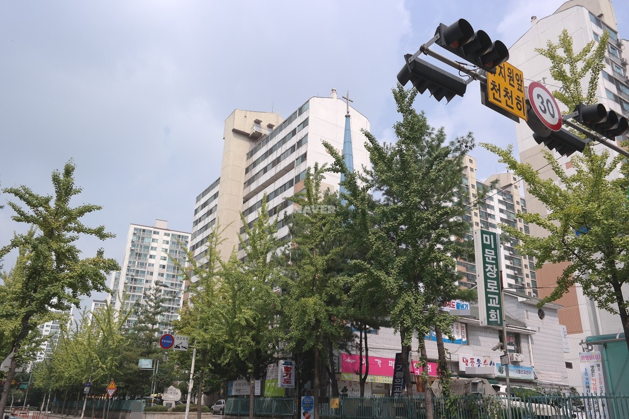 Building entrance with signage
