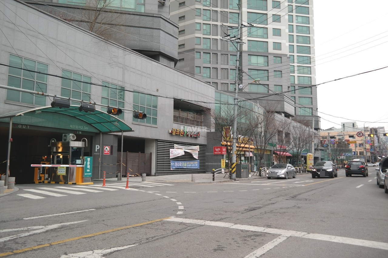 Building entrance with signage