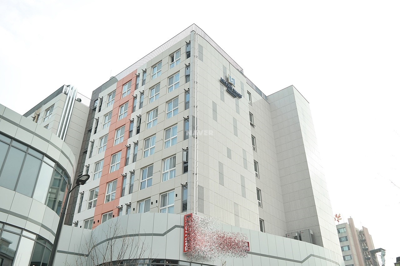 Building entrance with signage