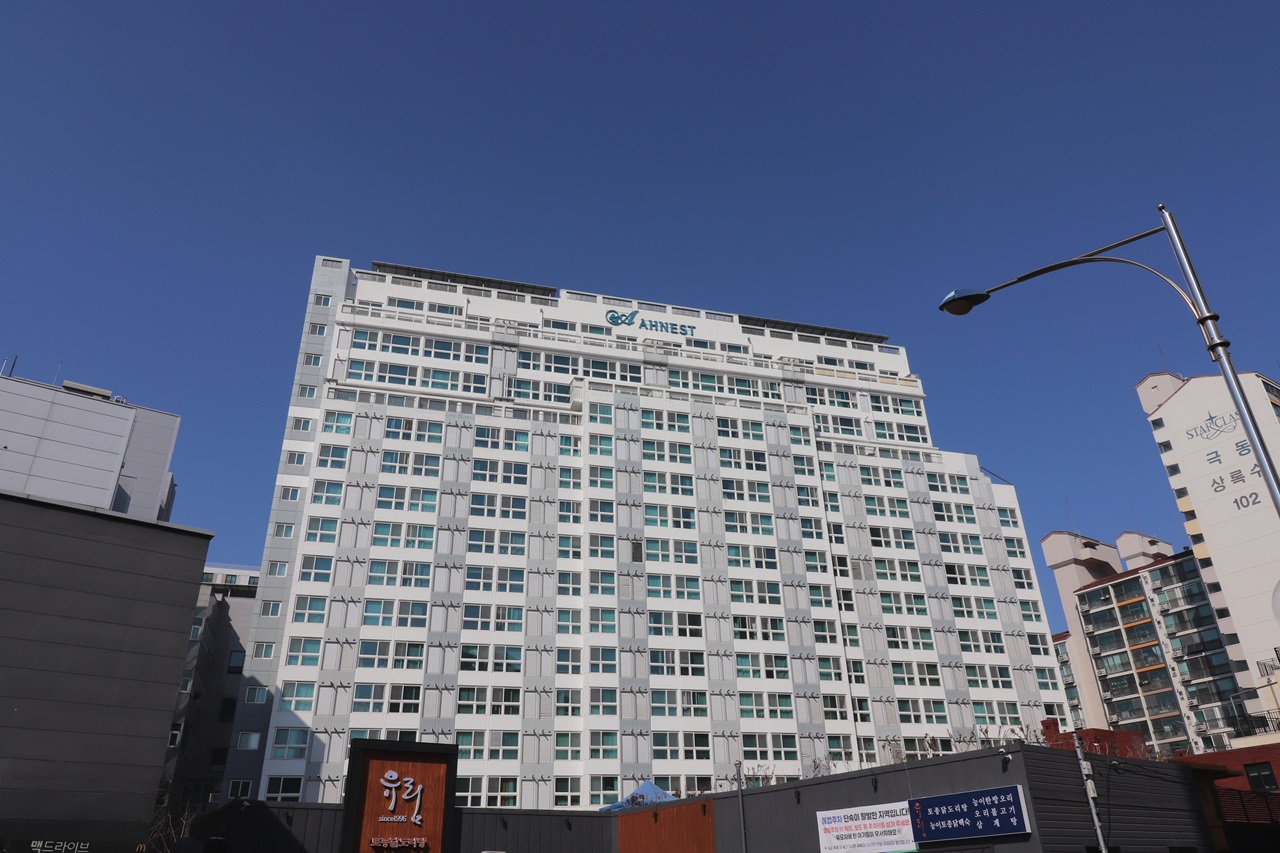Building entrance with signage